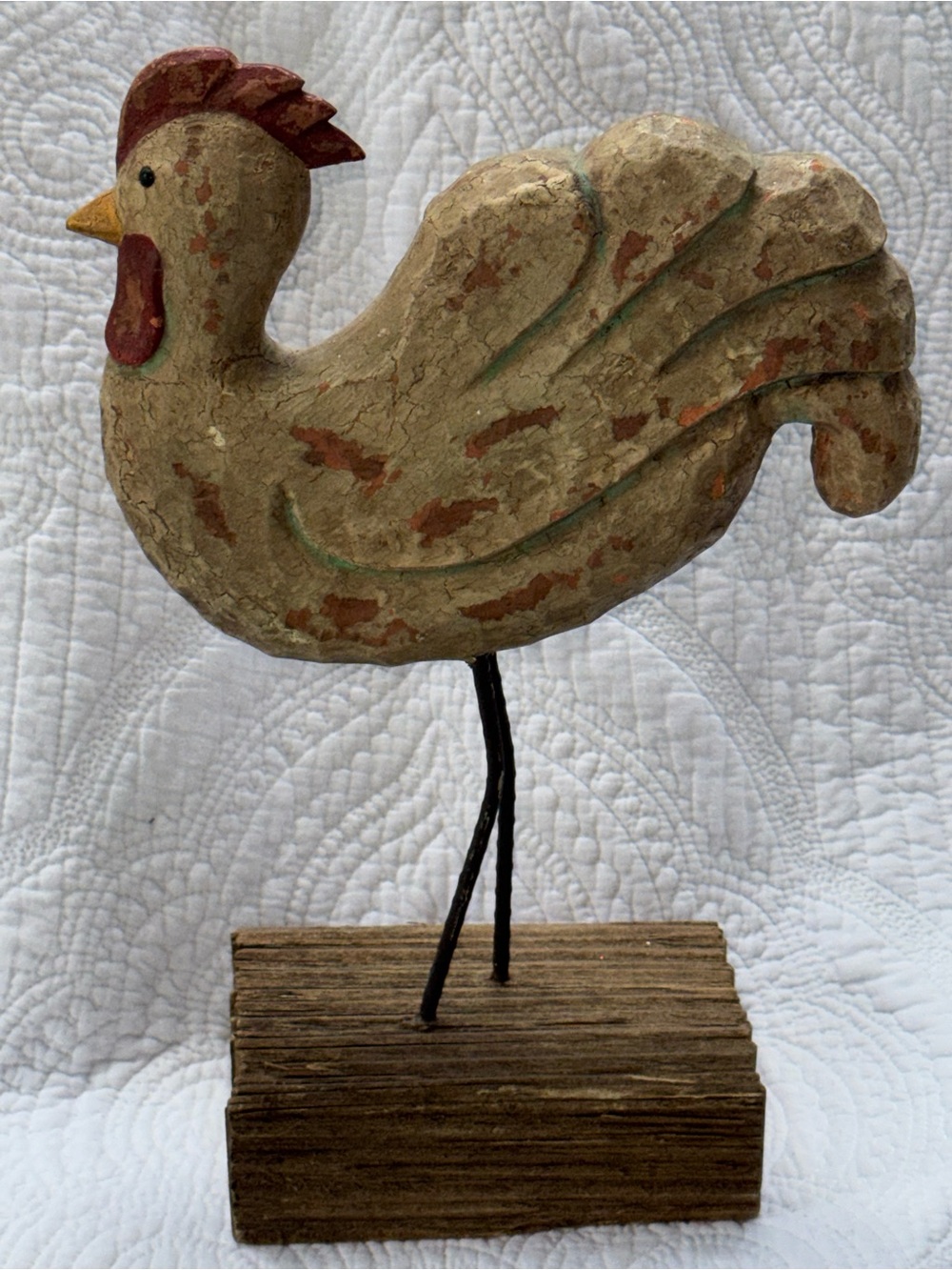 A 2nd vintage, rustic, hand-carved wooden rooster figure on stand